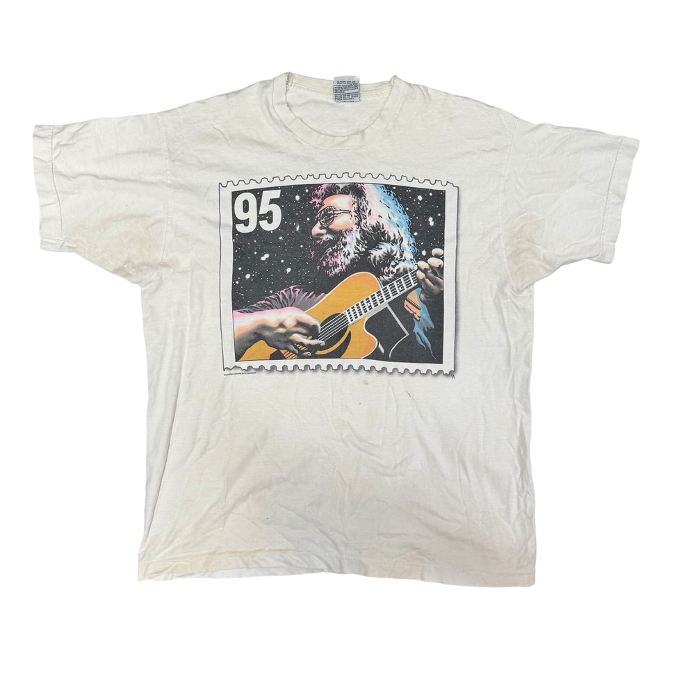 Vintage 1995 Jerry Garcia Memorial T-Shirt Liquid Blue Postage Stamp XL USA